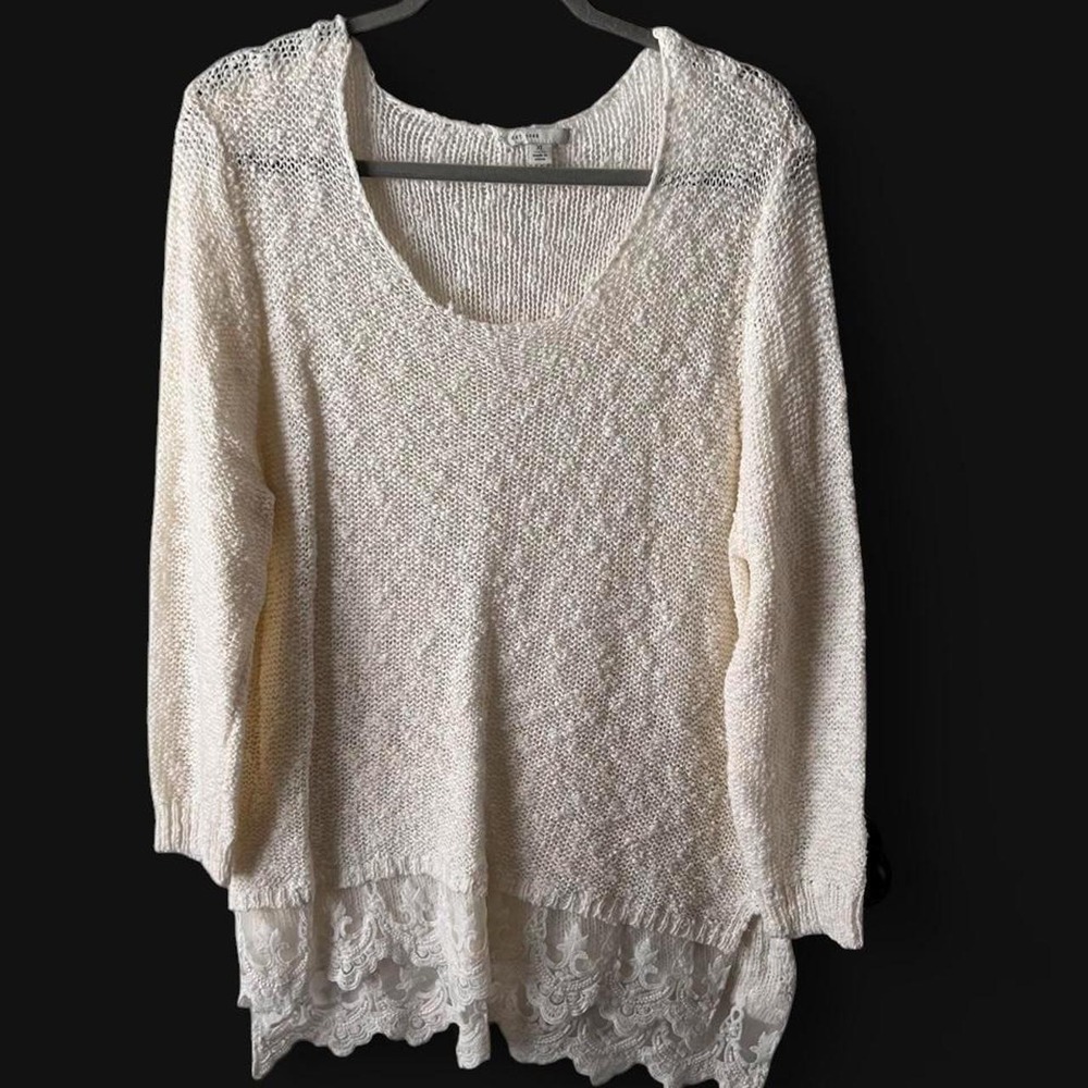 High-low Distressed Cream Sweater with Lace Trim Wimen's XL Boho Coquette